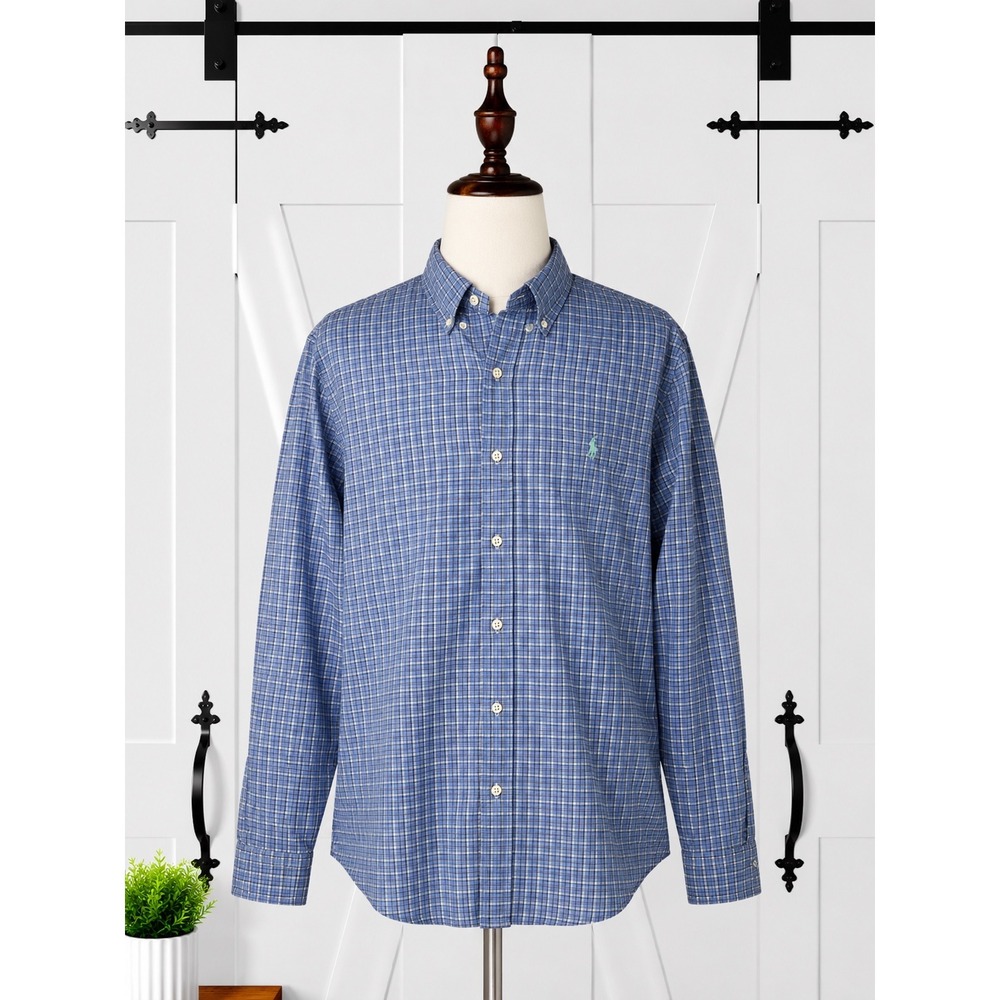 Ralph Lauren Button Down Shirt Embroidered Pony Mens XL Blue Plaid Preppy Cotton